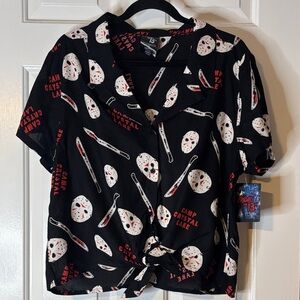 Bioworld Friday the 13th Black and Red Button Down Tie-Front Shirt